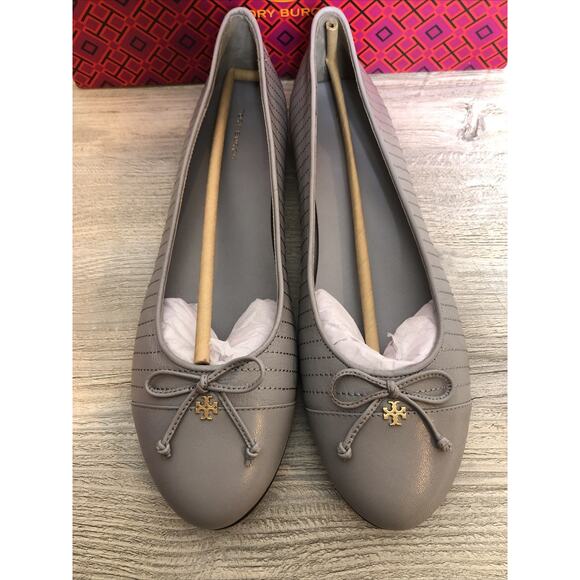 TORY BURCH Cap Toe Quilted Ballet Flat Bay Gray Leather Shoes Sz 10 BRAND NEW - Picture 8 of 10